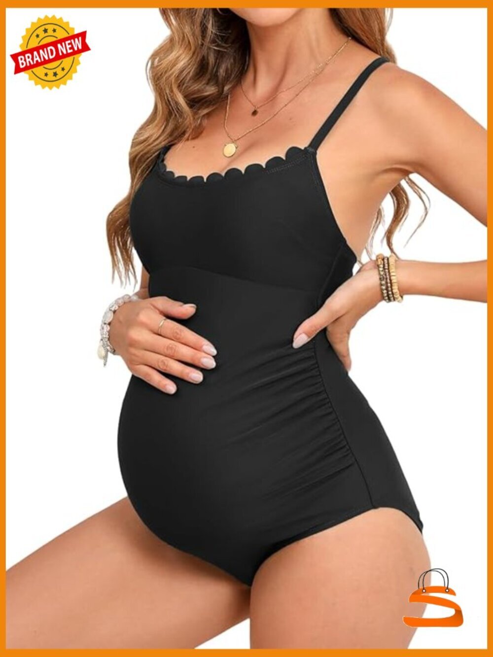 Maternity One Piece Swimsuit Scoop Neck Lace Up Back Ruched
